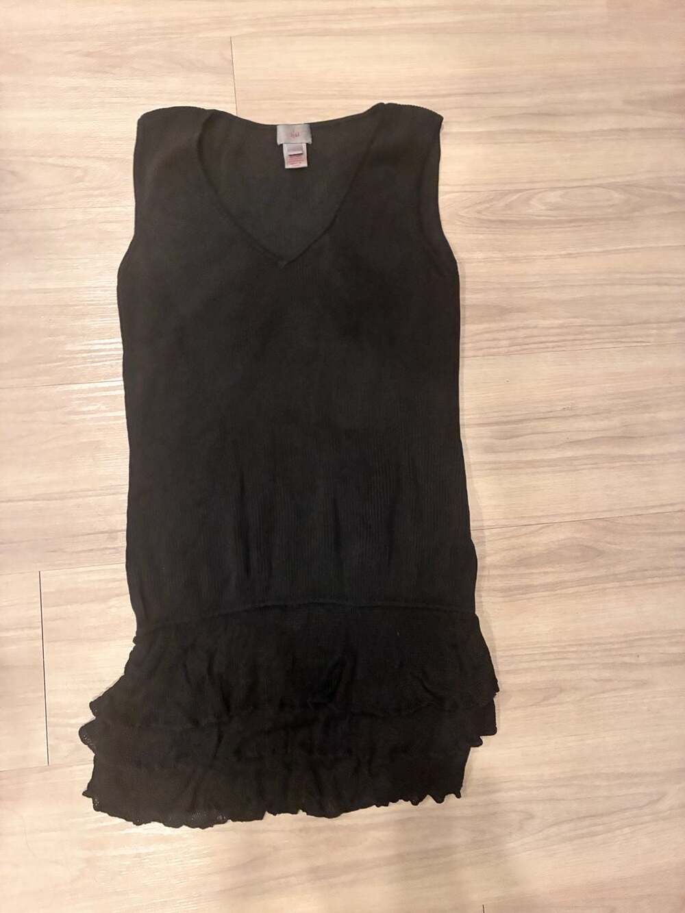5/48 Dress Size L Black Silk V Neck Tiered Ruffle Hem